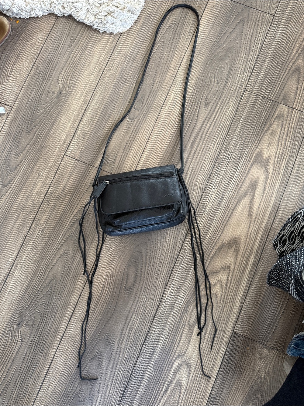 Fossil Black Leather Crossbody Bag with fringe Vtg
